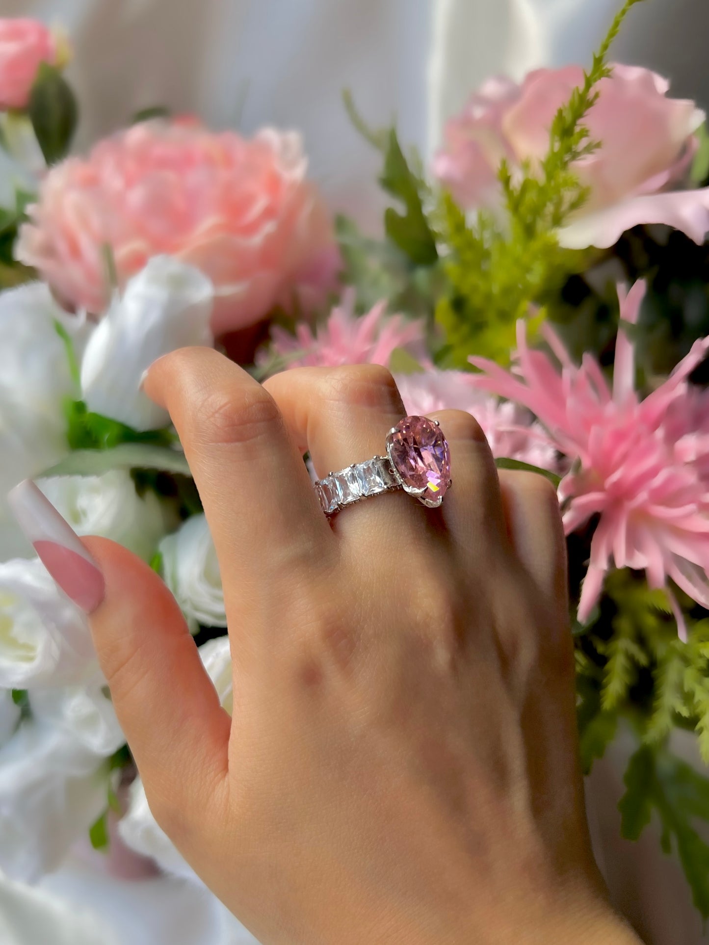 Pear Cut Cubic Zirconia Baguette Ring- Pink