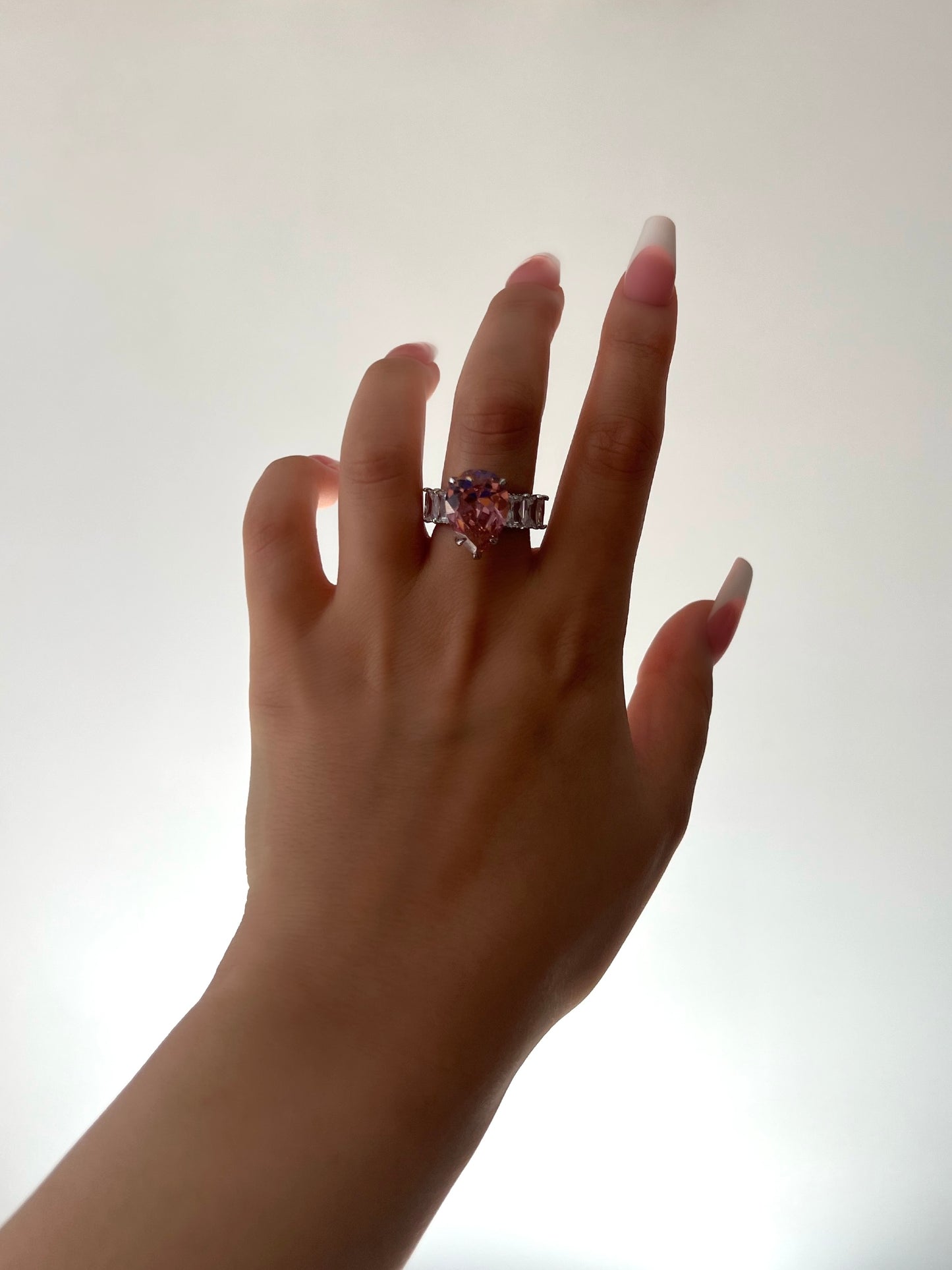 Pear Cut Cubic Zirconia Baguette Ring- Pink