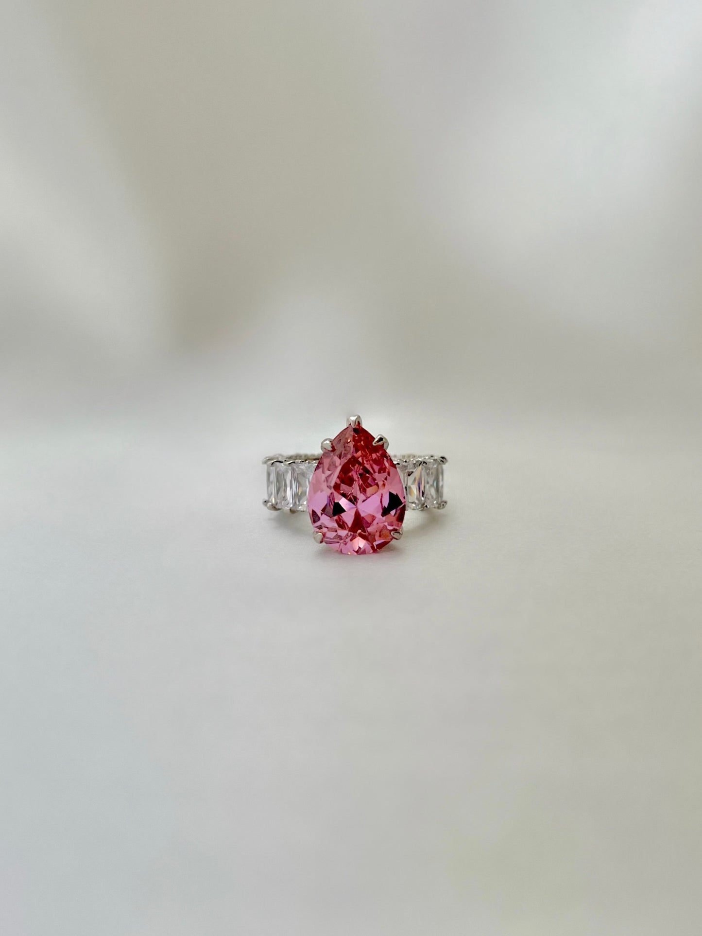 Pear Cut Cubic Zirconia Baguette Ring- Pink